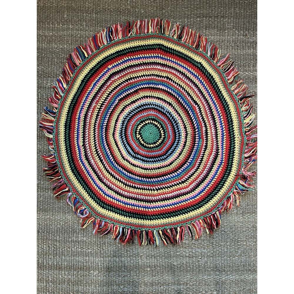 Handmade Handcrafted Round Multicolor Braided Rag Rug with Fringe 42” - Picture 2 of 3